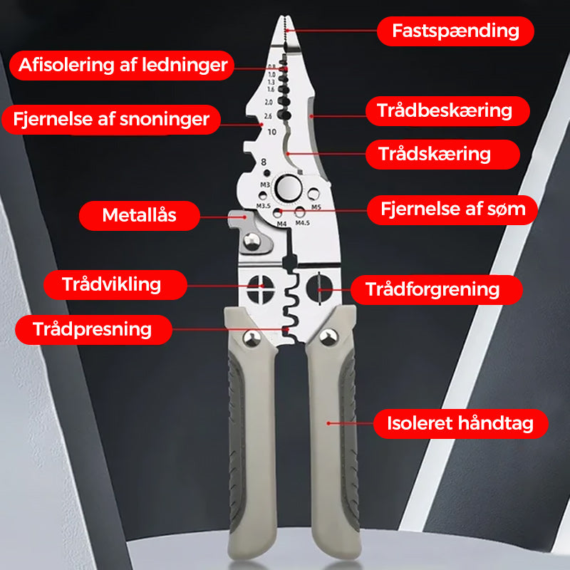 Multifunktionel tang til trådskæring, kympning og afisolering af ledninger
