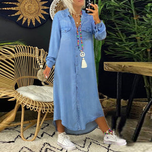 Ensfarvet langærmet casual denimkjole