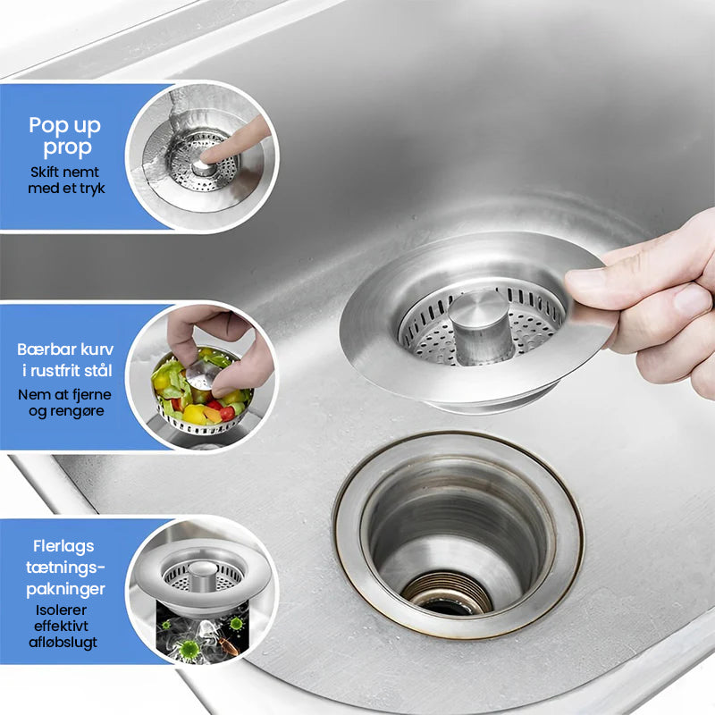 Opgraderet 3-i-1 afløbssi til køkkenvask