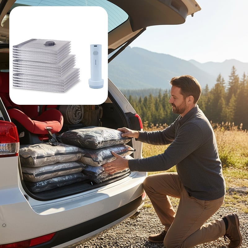 Vakuumkompressede rejseposer med luftpumpe