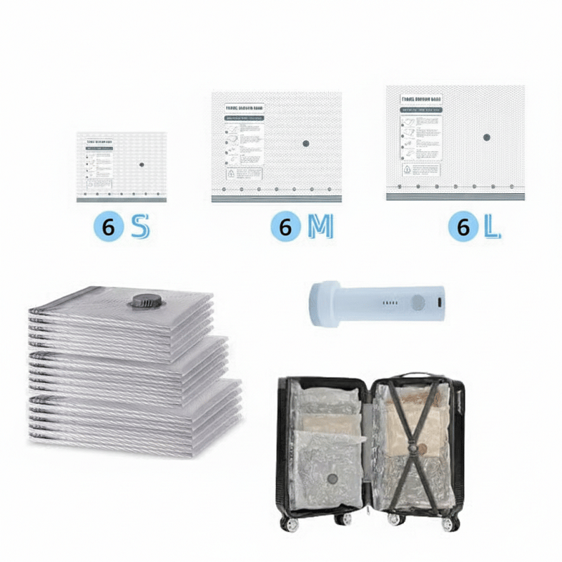 Vakuumkompressede rejseposer med luftpumpe