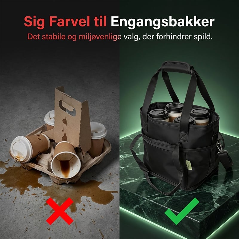 Familiestørrelse | Bæretaske med 4 rum til kaffekrus & drikkeflasker