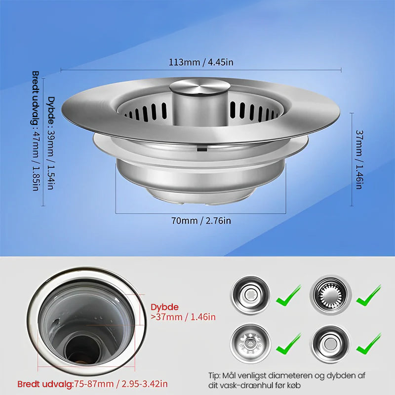 Opgraderet 3-i-1 afløbssi til køkkenvask