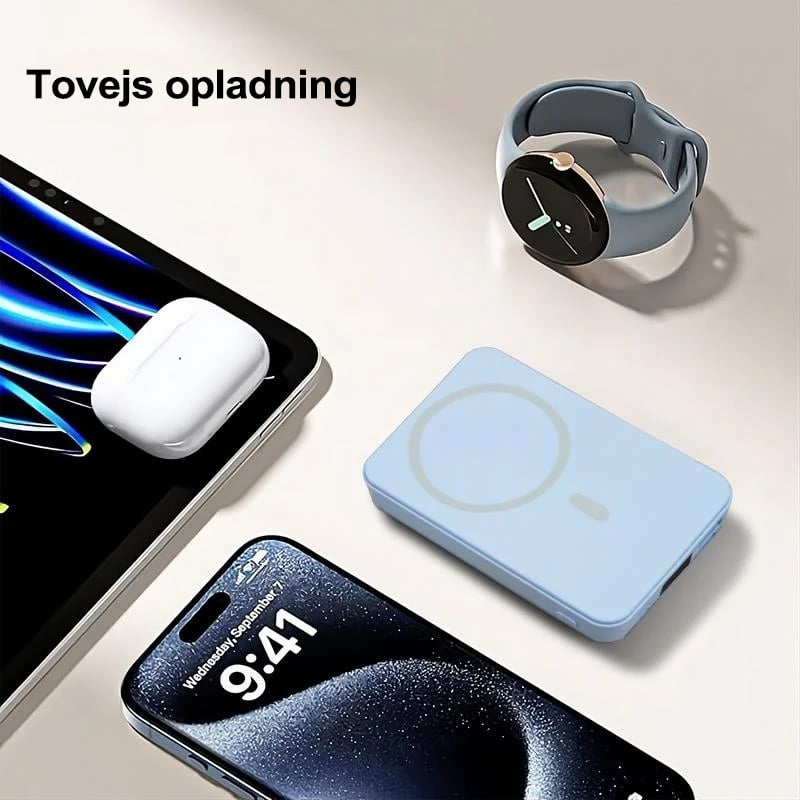 Bærbar magnetisk powerbank med trådløs opladning