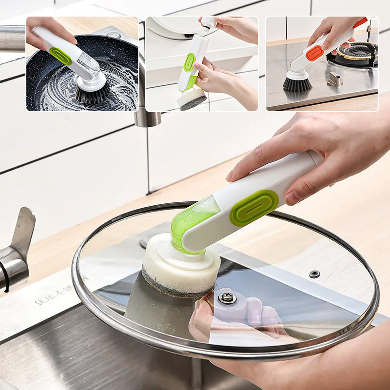 Multifunktionel langskaftet opvaskebørste med væskebeholder