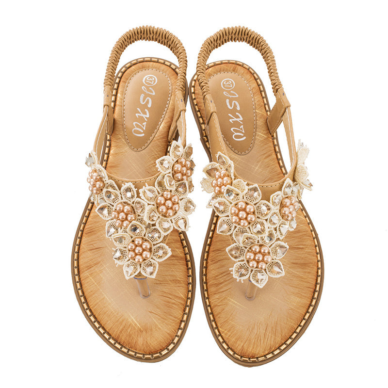 Boho håndlavede blomstrede runde tå sandaler med lange tæer
