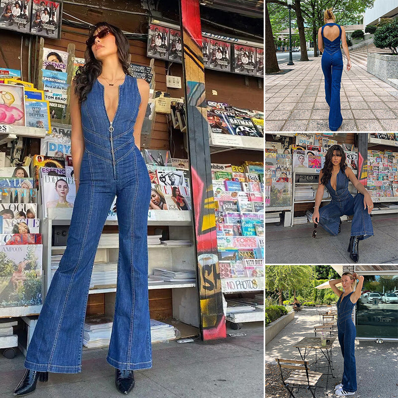 Rygløst Denim jumpsuit med hjerte udsnit bagpå (Dame)